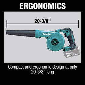 Makita XBU05Z blower length 20-3/8 inches for reach.