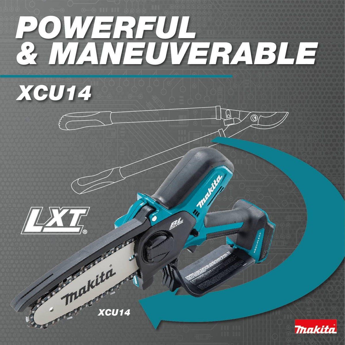 Makita XCU14Z soft-grip handle reduces fatigue during longer pruning sessions