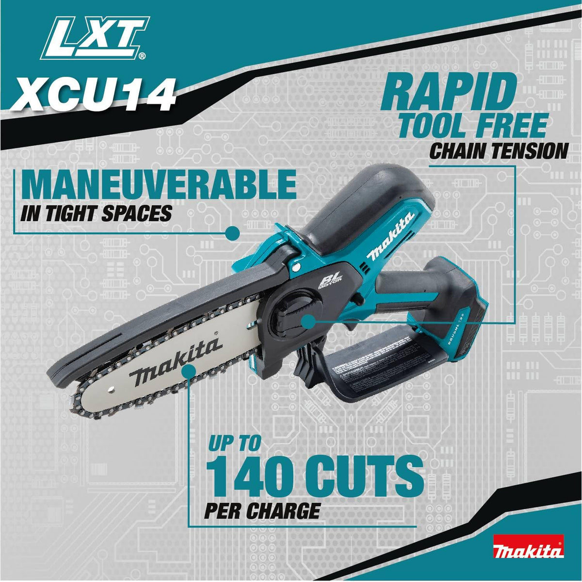 Makita XCU14Z tool-free chain adjustment simplifies maintenance and setup