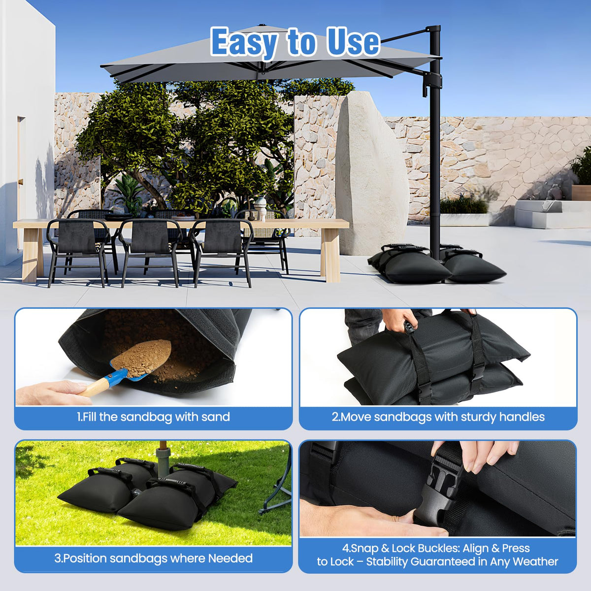 Malomke sand bags pack flat for storage when not in use.