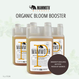 Mammoth Bloom Booster bottle label highlights organic formulation for plant compatibility.