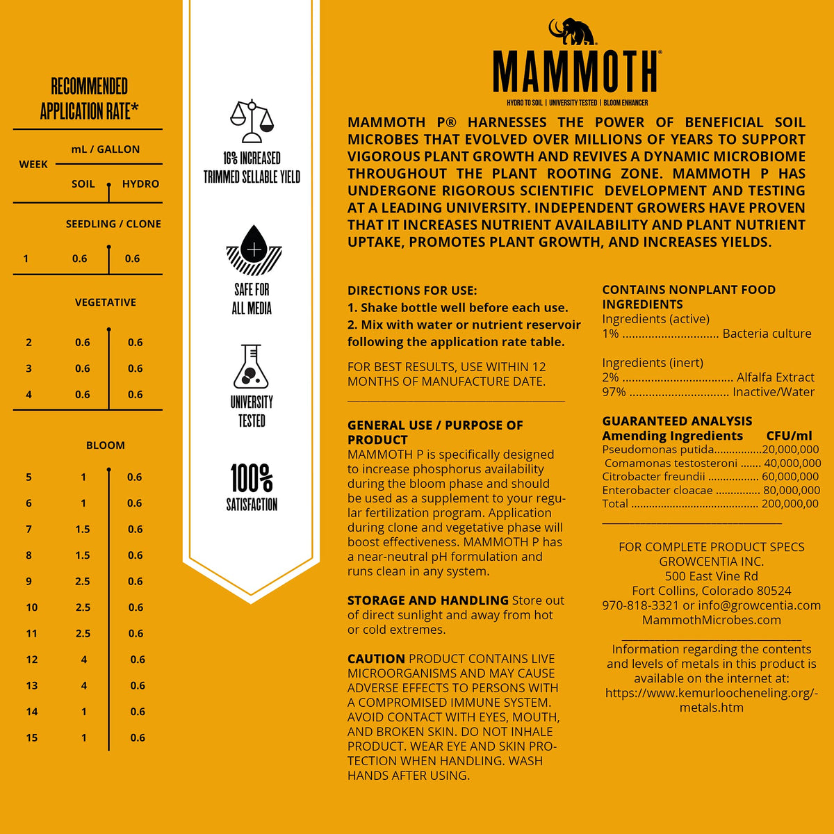 Mammoth P Bloom Booster label close-up showing ingredients and usage.