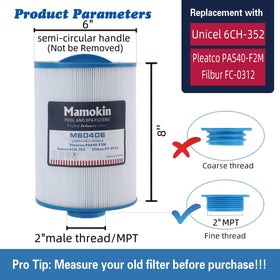 Mamokin 6CH-352 spa filter length 8in and 6in diameter for proper fit