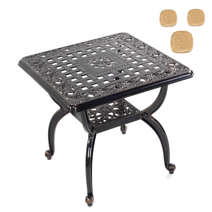 Mandolin outdoor side table in cast aluminum with waterproof, rustproof finish for patios.