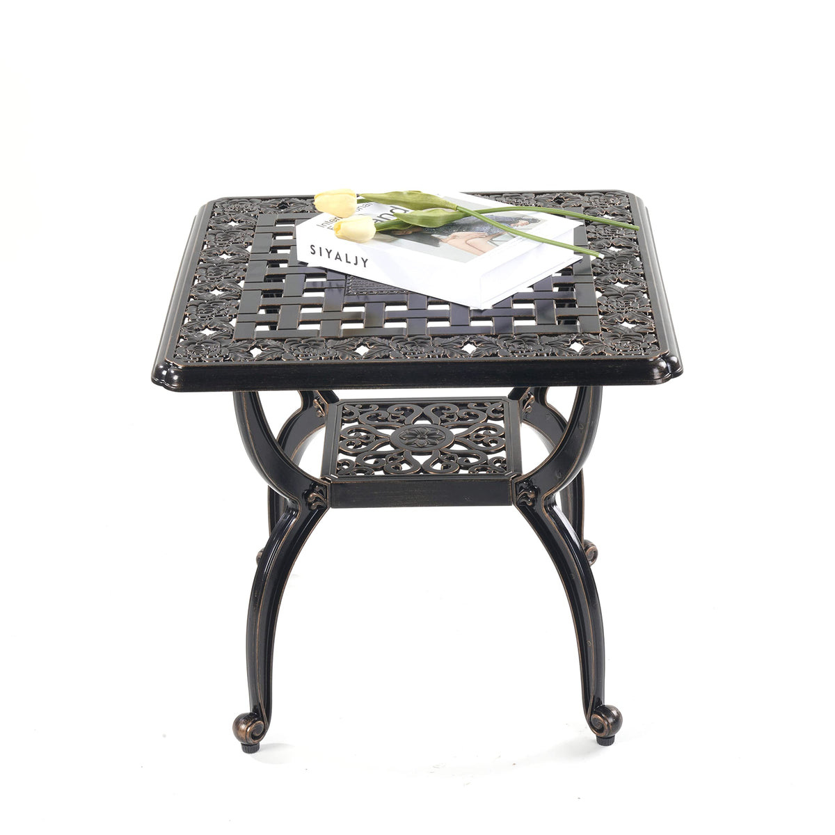 Mandolin copper-finish outdoor side table complements modern patio furniture.