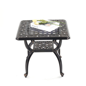 Mandolin copper-finish outdoor side table complements modern patio furniture.