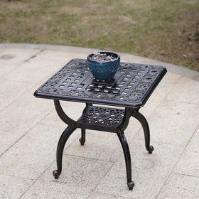Mandolin outdoor side table close-up shows weave design for stable placement.