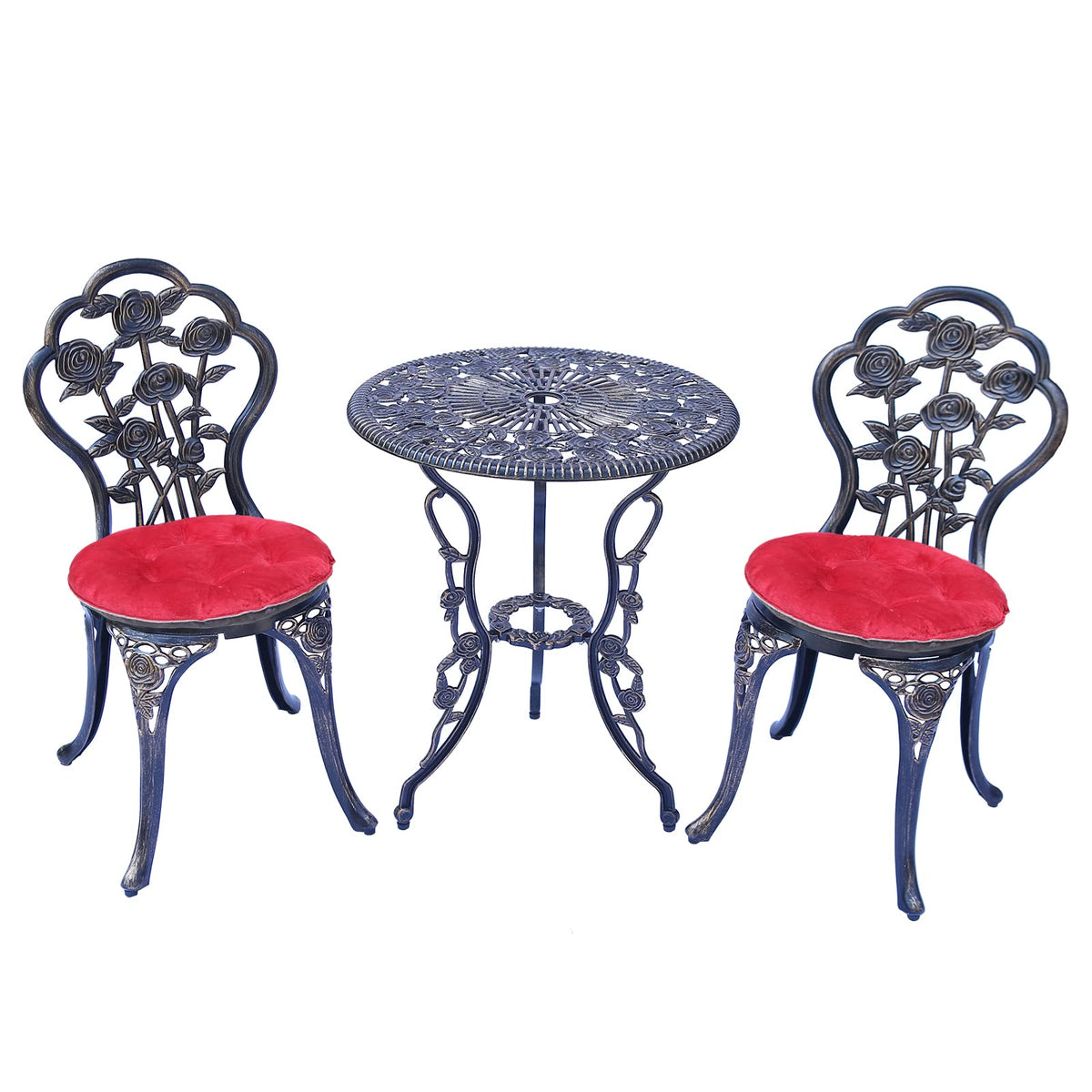 Mandolin patio chair with copper rose design, comfortable seating