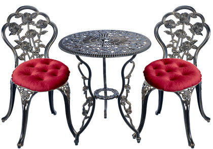 Mandolin patio table with copper rose design for outdoor dining