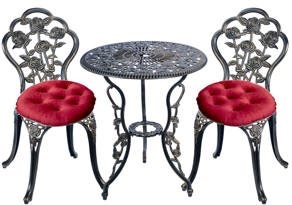 Mandolin patio table with copper rose design for outdoor dining