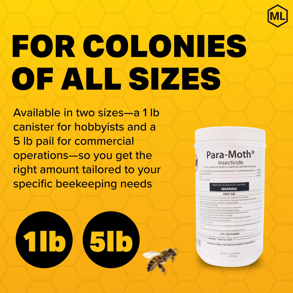 Mann Lake Para-Moth 1lb canister sized for hobbyists' beekeeping needs.