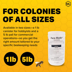 Mann Lake Para-Moth 1lb canister sized for hobbyists' beekeeping needs.