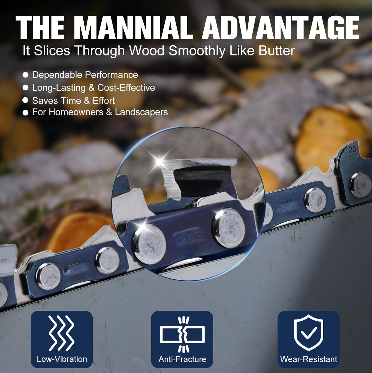 MANNIAL full-chisel cutting design delivers fast, clean cuts in softwood and hardwood.