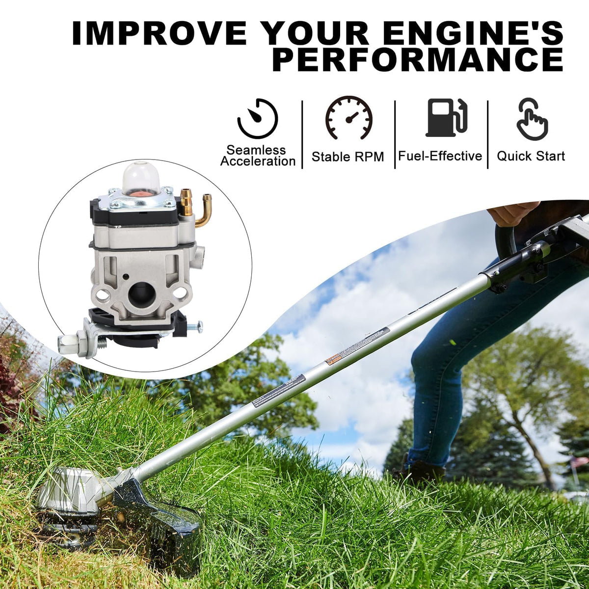Mannial WYK-186 carburetor primer bulb included for smoother starting.