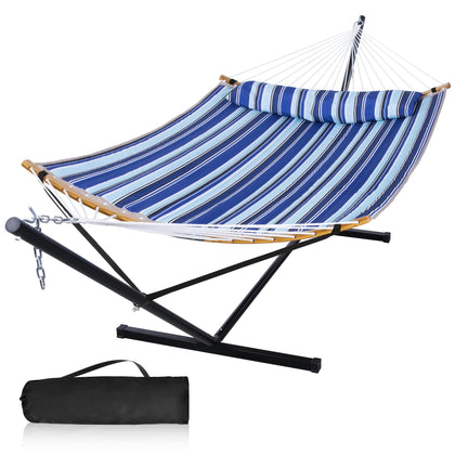 Mansion Home 12ft hammock with stand in blue stripes set up outdoors for two people