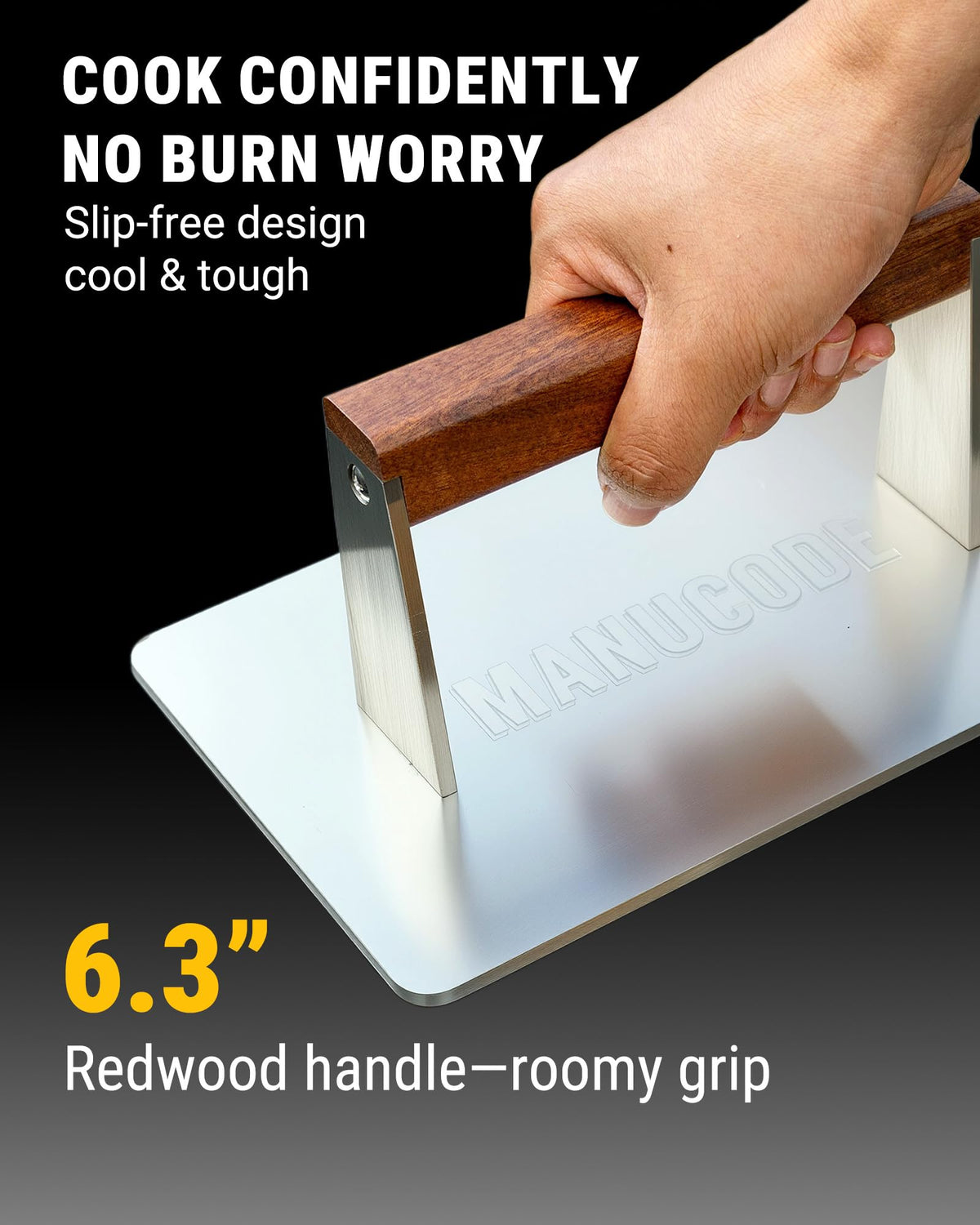 Manucode bacon press 9.25 by 5.7 inch surface ideal for two burgers.