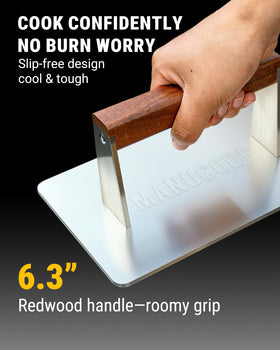 Manucode bacon press 9.25 by 5.7 inch surface ideal for two burgers.