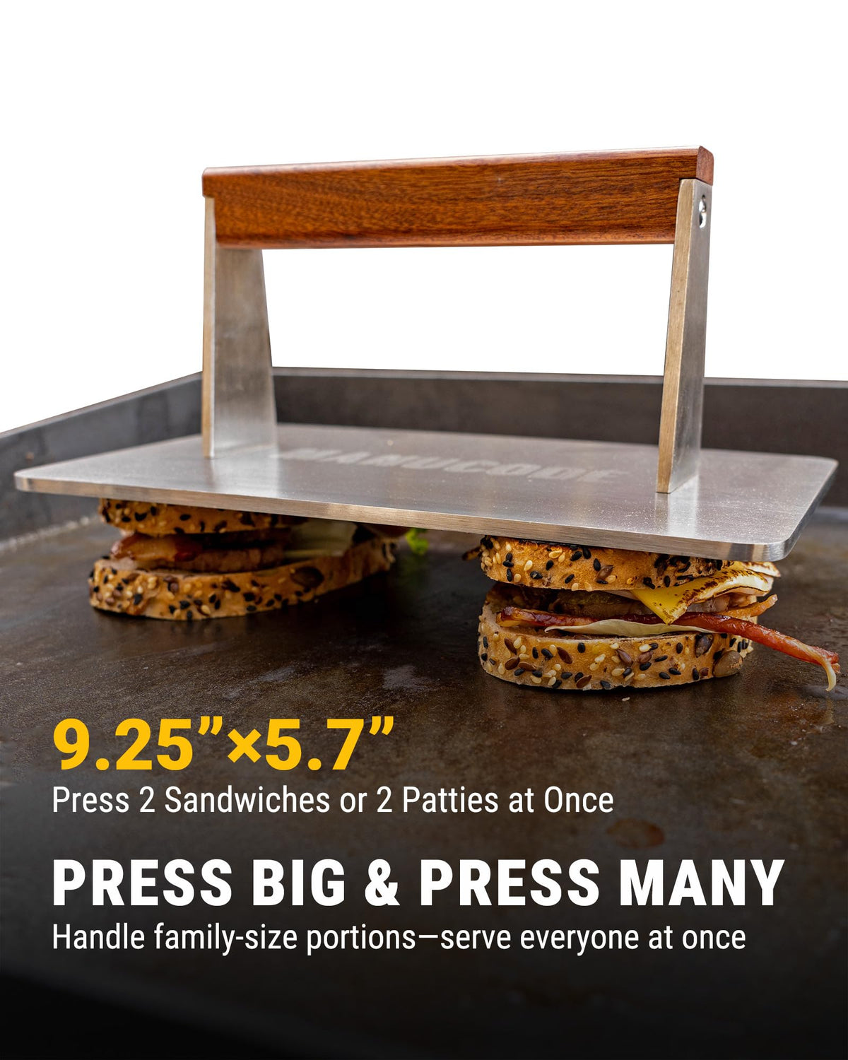 Manucode bacon press on griddle, sizzling bacon and burgers beneath for crisp results.