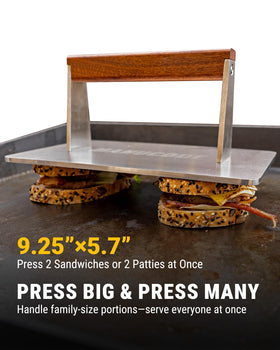 Manucode bacon press on griddle, sizzling bacon and burgers beneath for crisp results.