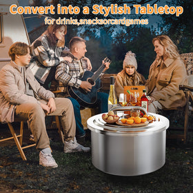 Maonlyking lid shields the fire pit while turning it into a table.