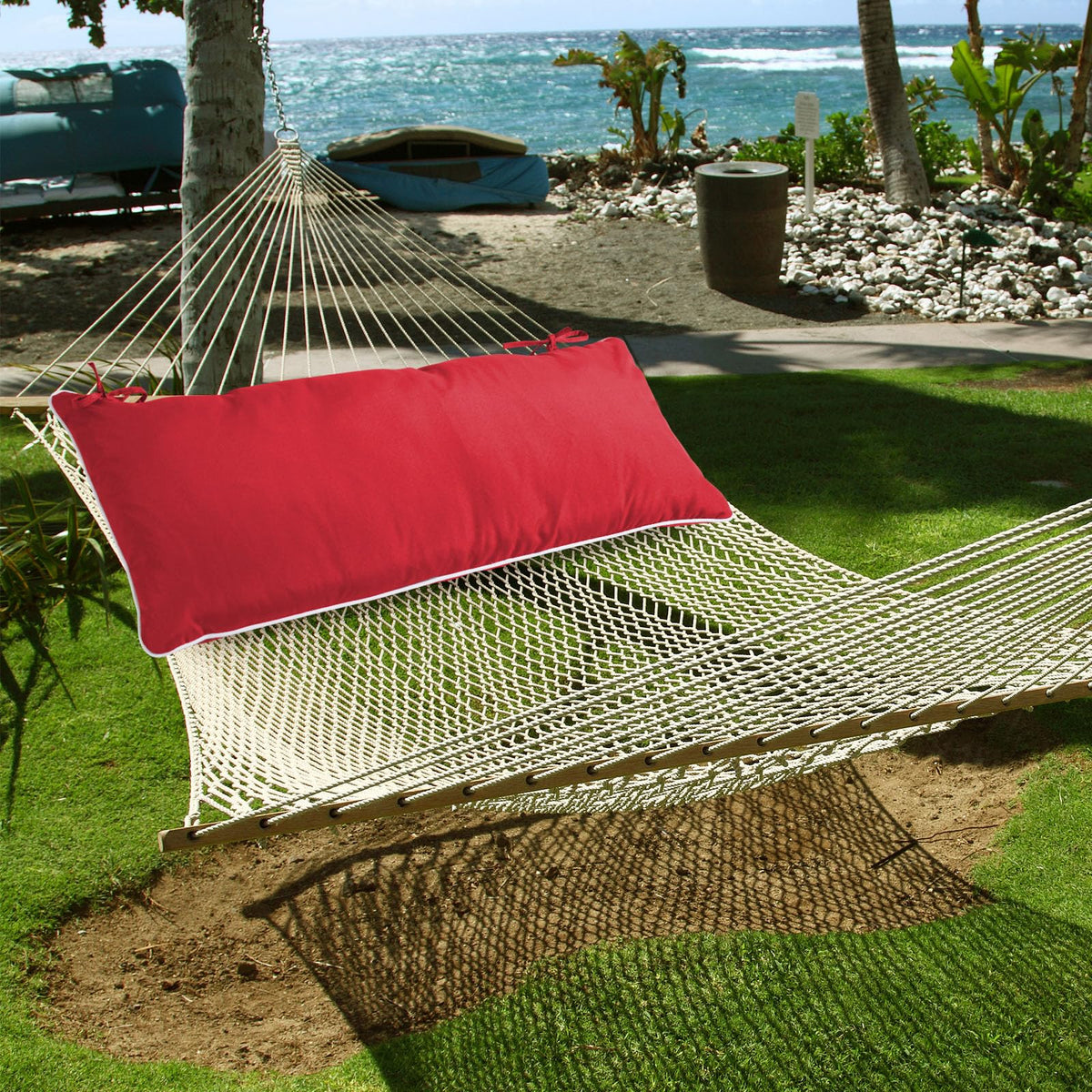 Maphissus 36in pillow adds comfort for reading in a hammock.