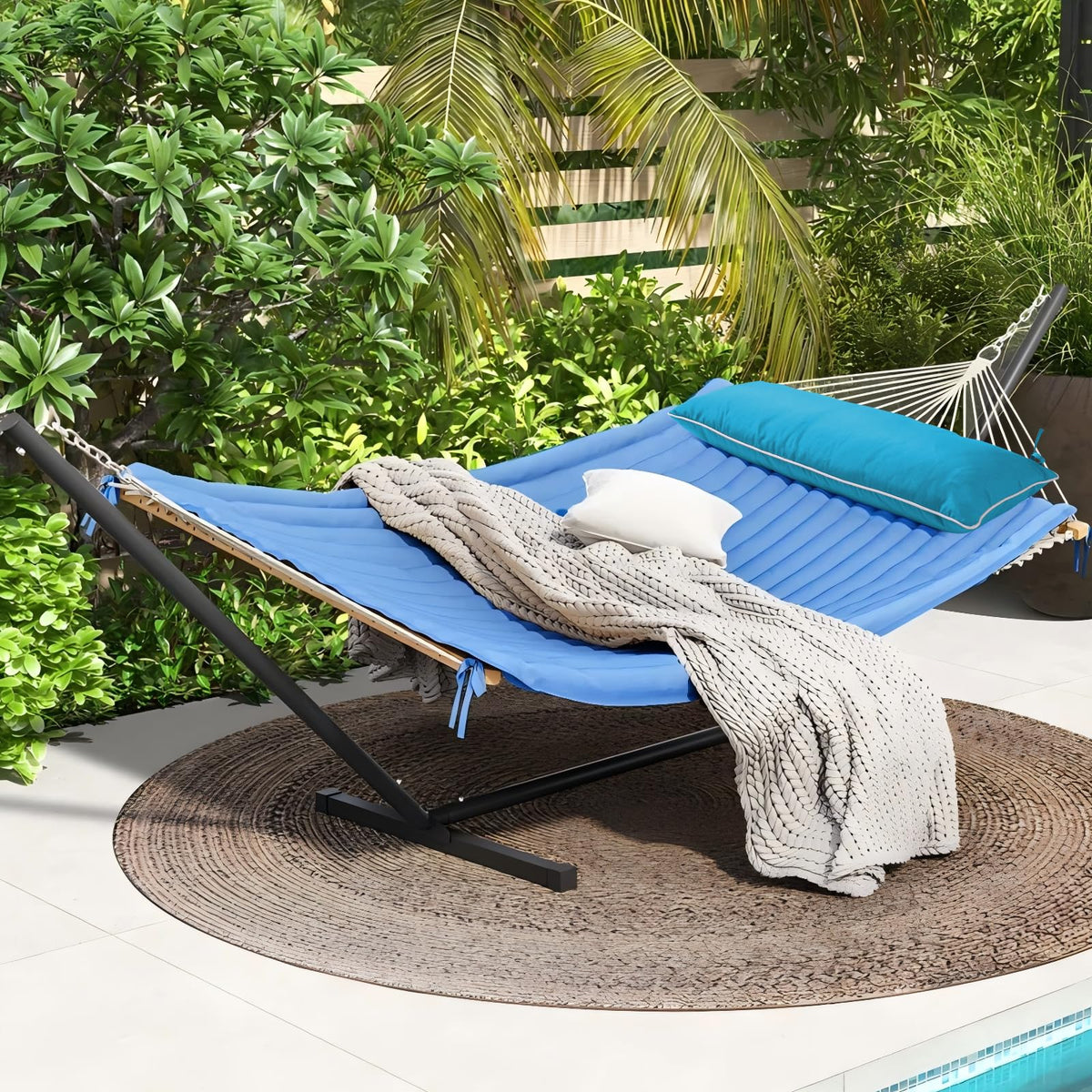 Maphissus hammock pillow with ties secures for relaxed reading.