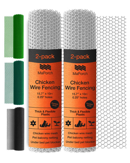 MAPORCH plastic chicken wire fencing close-up shows durable HDPE mesh for pet protection.