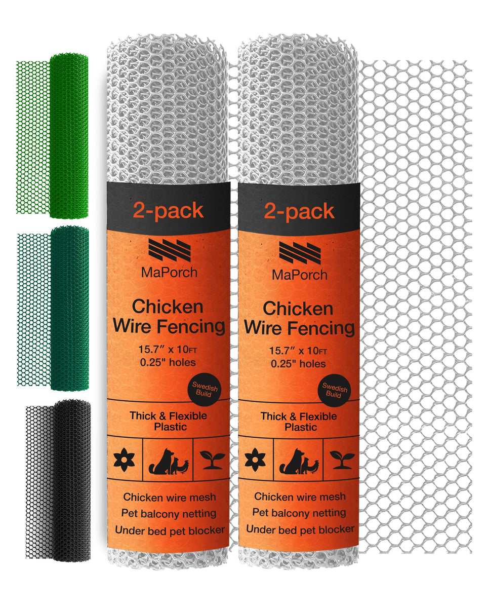 MAPORCH plastic chicken wire fencing close-up shows durable HDPE mesh for pet protection.