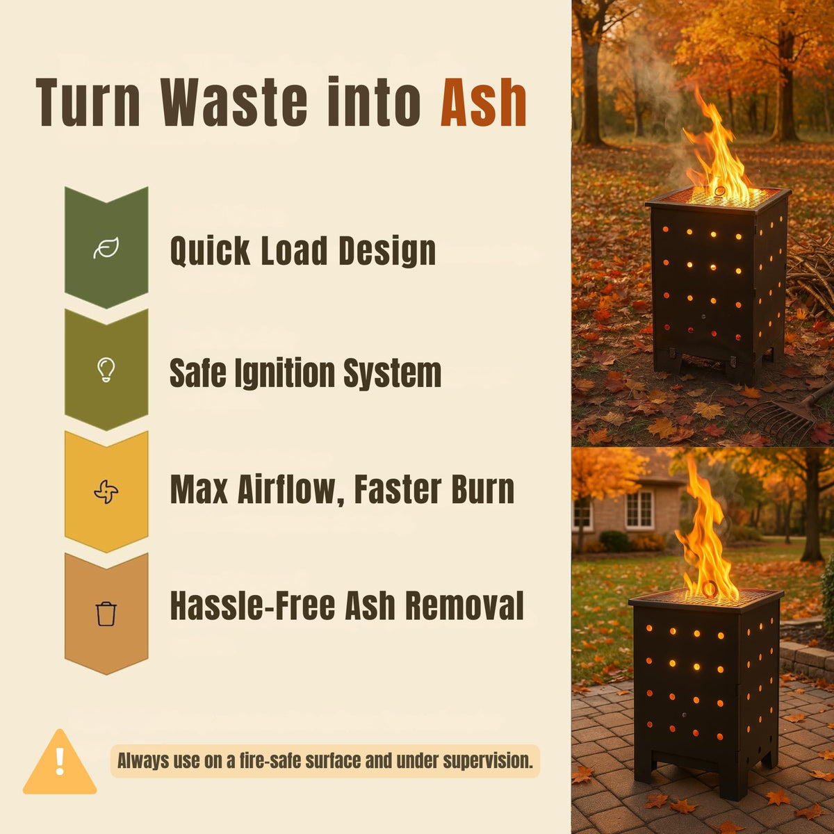 Stable base and ergonomic handles on the Marabuut burn barrel simplify ash removal.