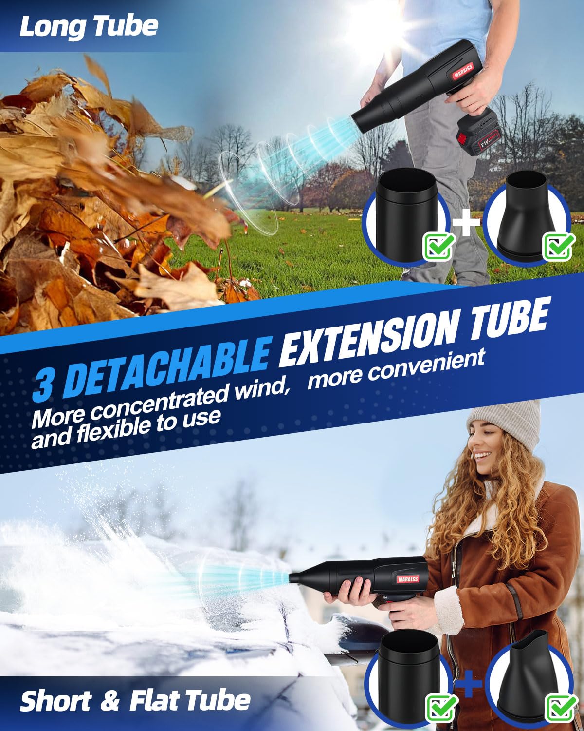 Maraiss cordless leaf blower with brushless motor for efficient debris removal.