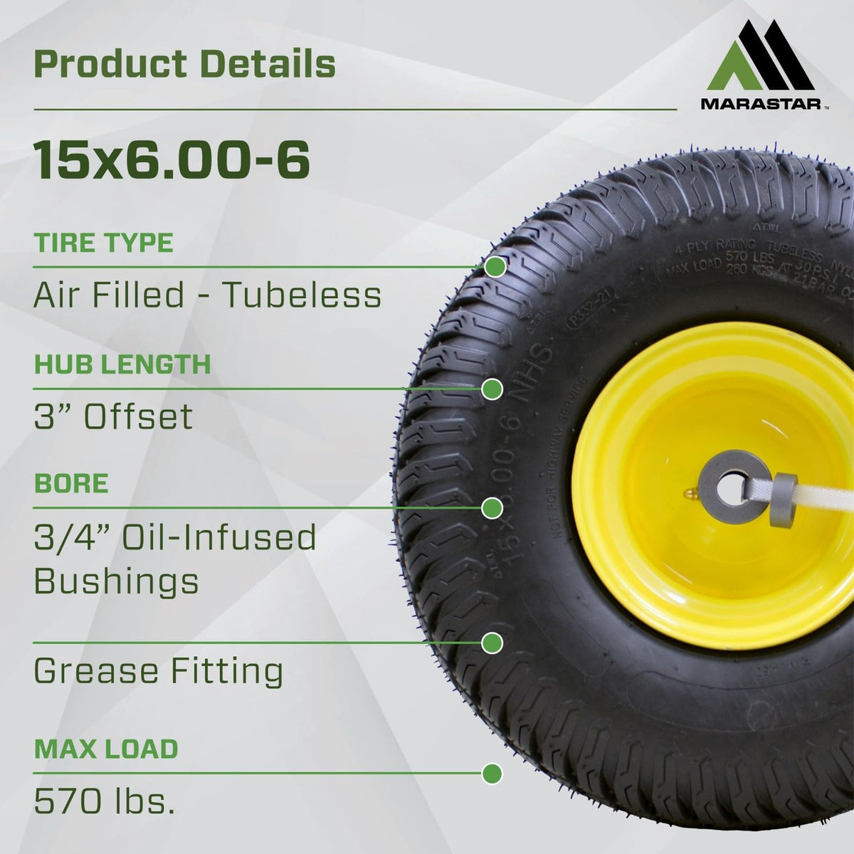 MARASTAR 21426 15x6-00-6 tire mounted on yellow rim for enhanced visibility.