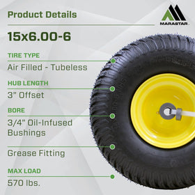 MARASTAR 21426 15x6-00-6 tire mounted on yellow rim for enhanced visibility.