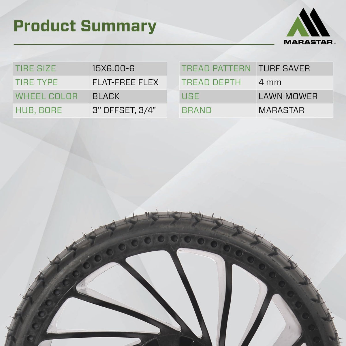 MARASTAR 31426 chevron tread detail emphasizes turf-friendly grip.