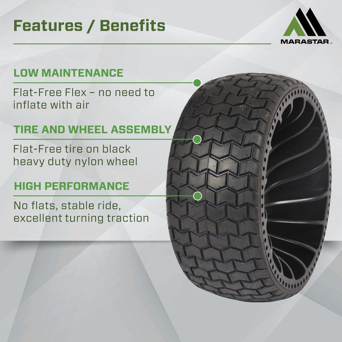 MARASTAR 31426 nylon rim highlights strong, long-lasting wheel construction.