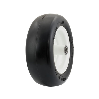 Marathon flat-free tire on wheel assembly for easy zero-turn mower upgrades.