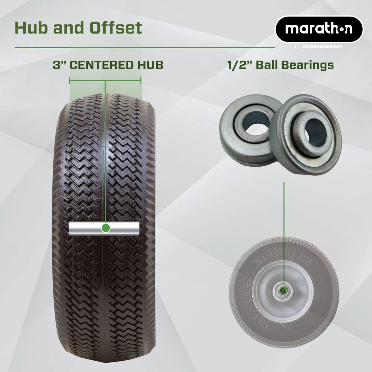 Marathon flat-free tire mounted on silver wheel for easy swap