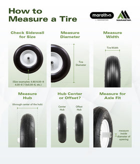 Marathon tire supports up to 300 pounds for steady mowing sessions.