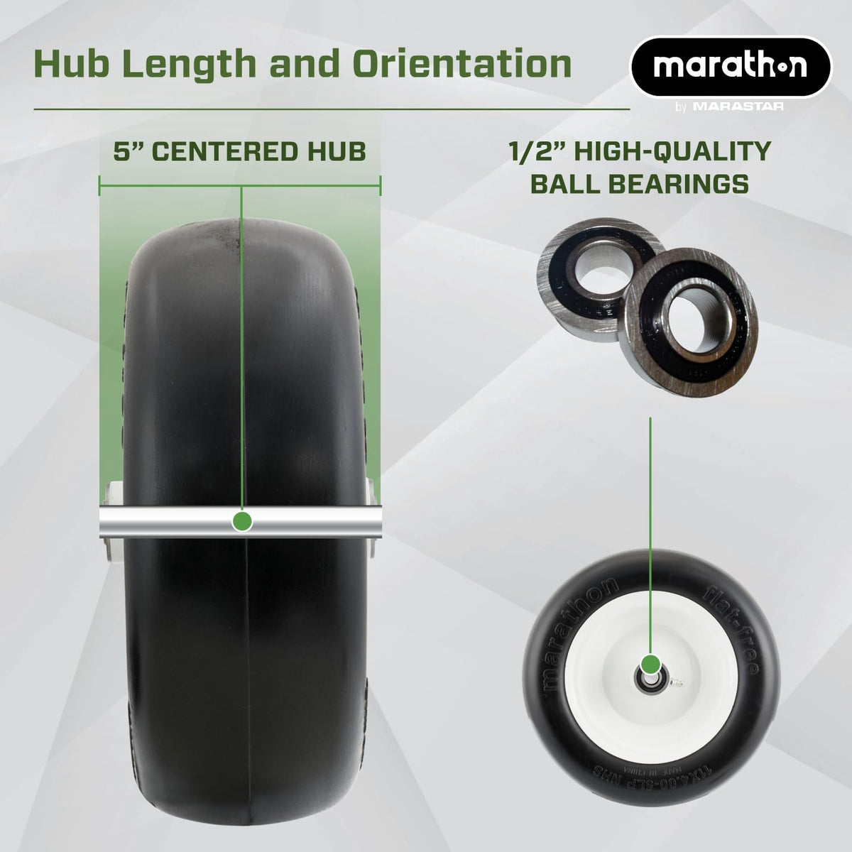 Non-marking Marathon flat-free tire resists sun and temperature changes.