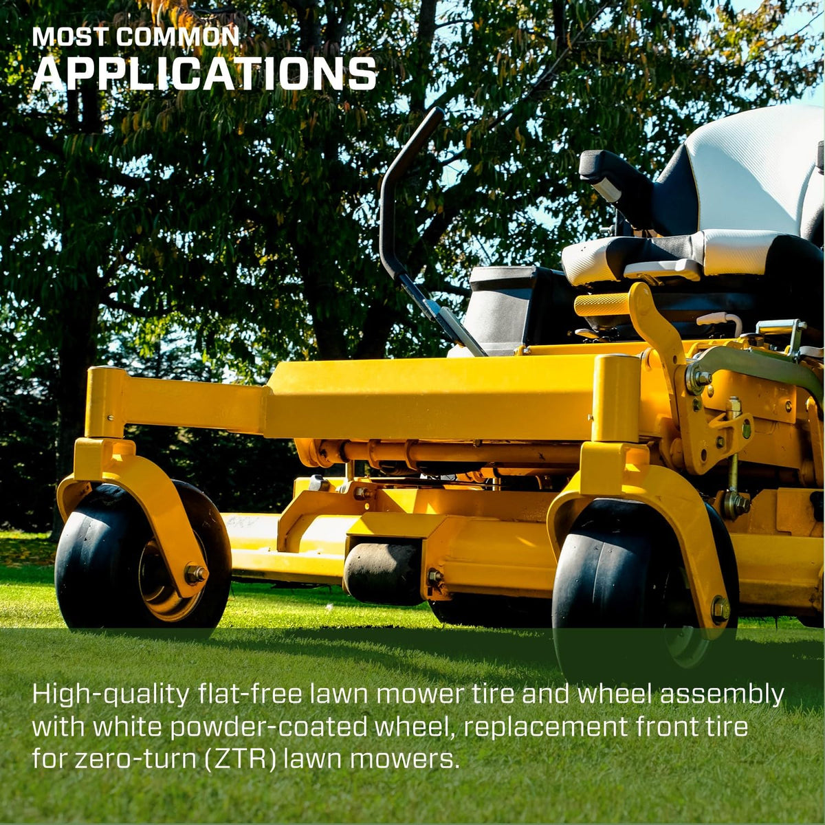 Marathon flat-free tire is not for highway use, ideal for yard work.