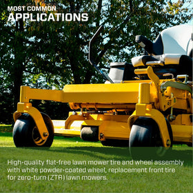 Marathon flat-free tire is not for highway use, ideal for yard work.