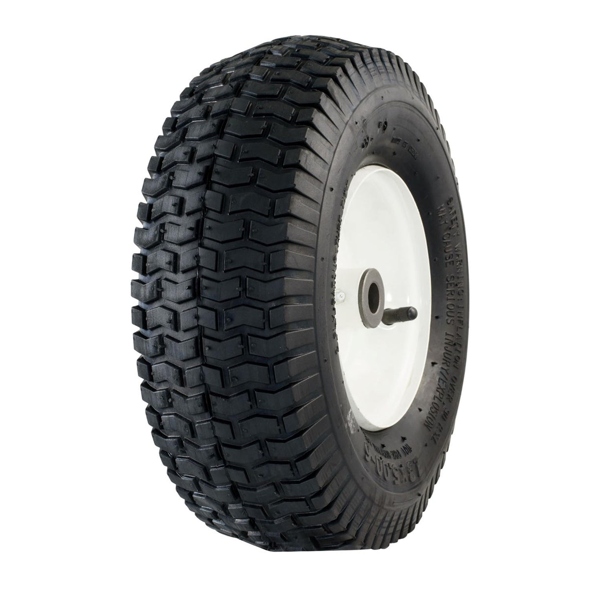Marathon 13x5-6 tire with turf tread for stable lawn mowing.