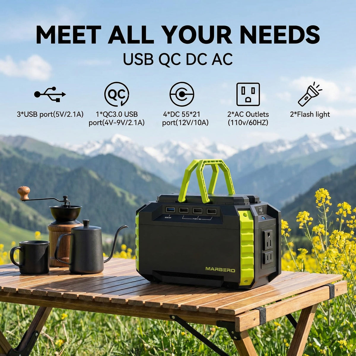 MARBERO power station USB, DC and AC outputs enable multitasking on trips
