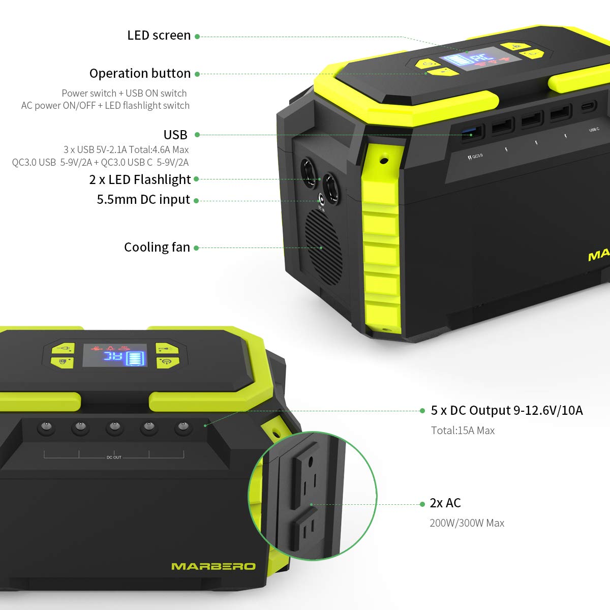 MARBERO built-in LED flashlight with multiple modes for emergencies