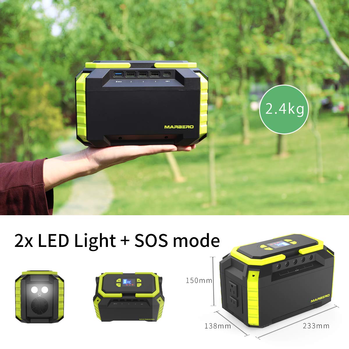 MARBERO charging via wall, car, or solar panel options