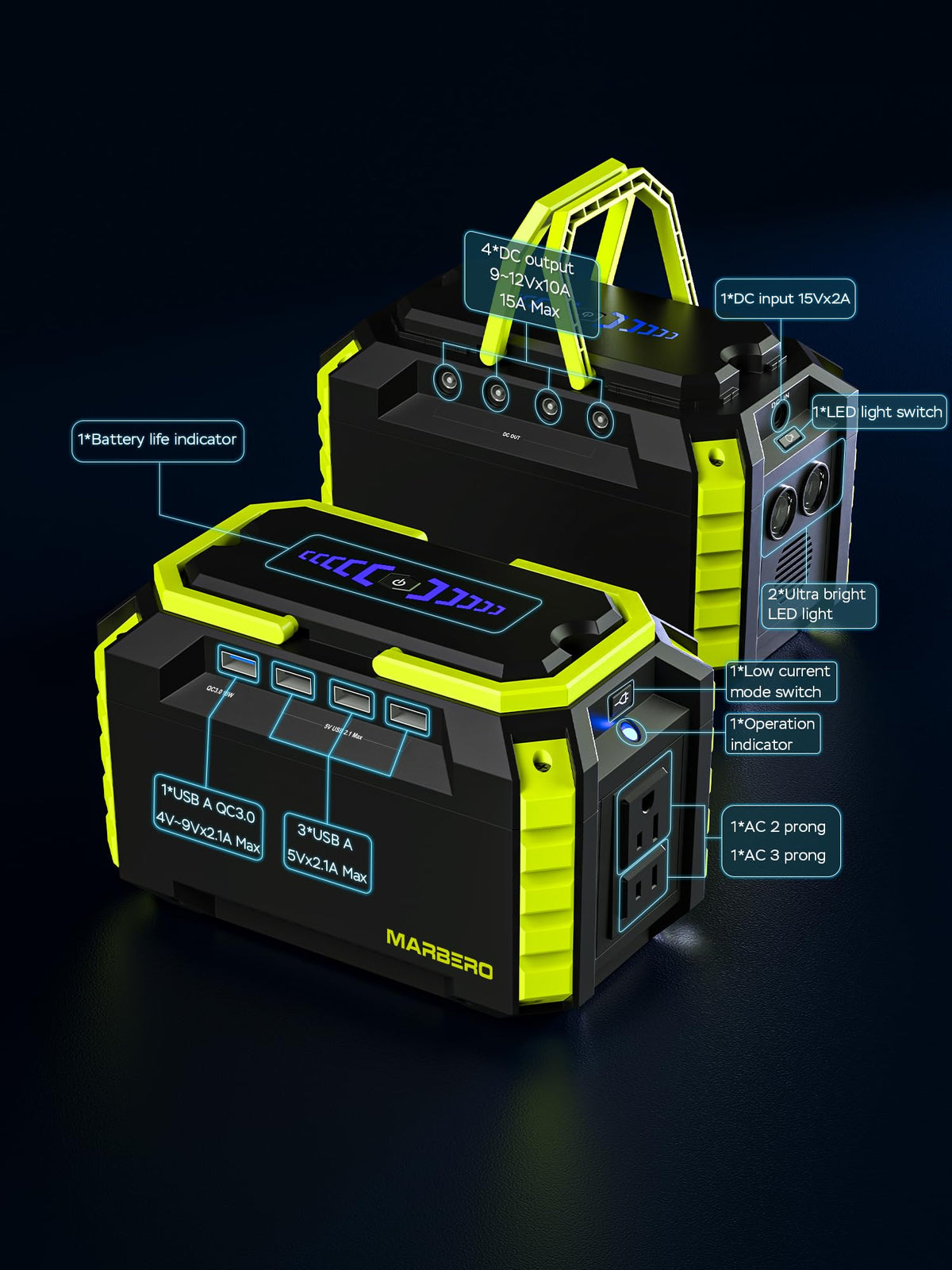MARBERO package includes power station, adapters, car charger