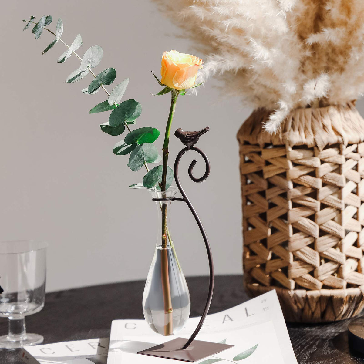Marbrasse desktop glass planter on shelf enhances home decor.