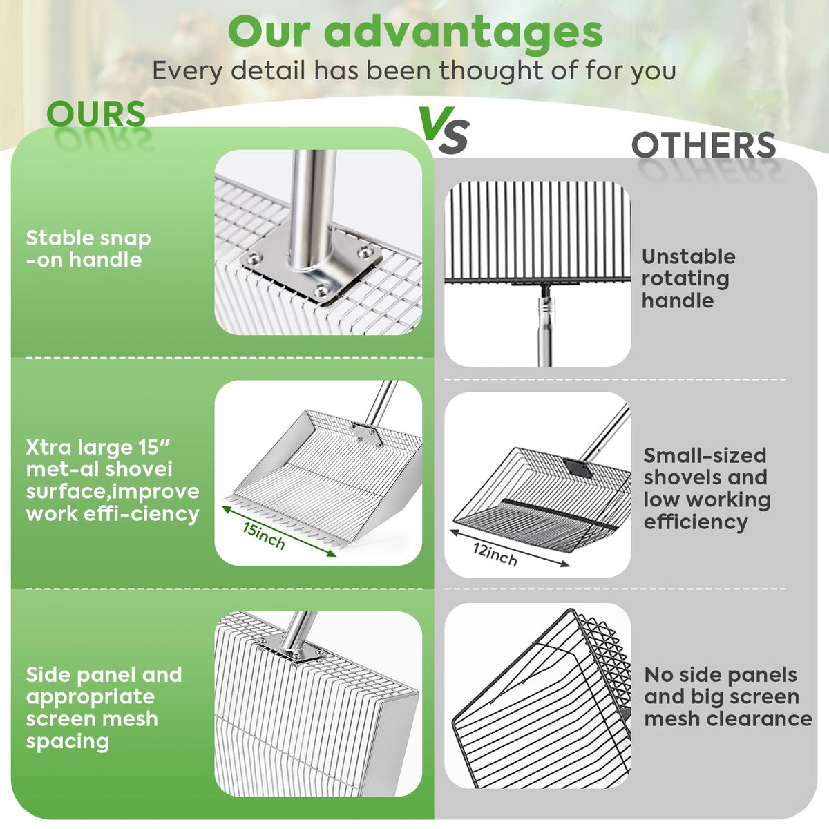 MarchingGreen 15-inch shovel head increases cleaning efficiency in any coop.
