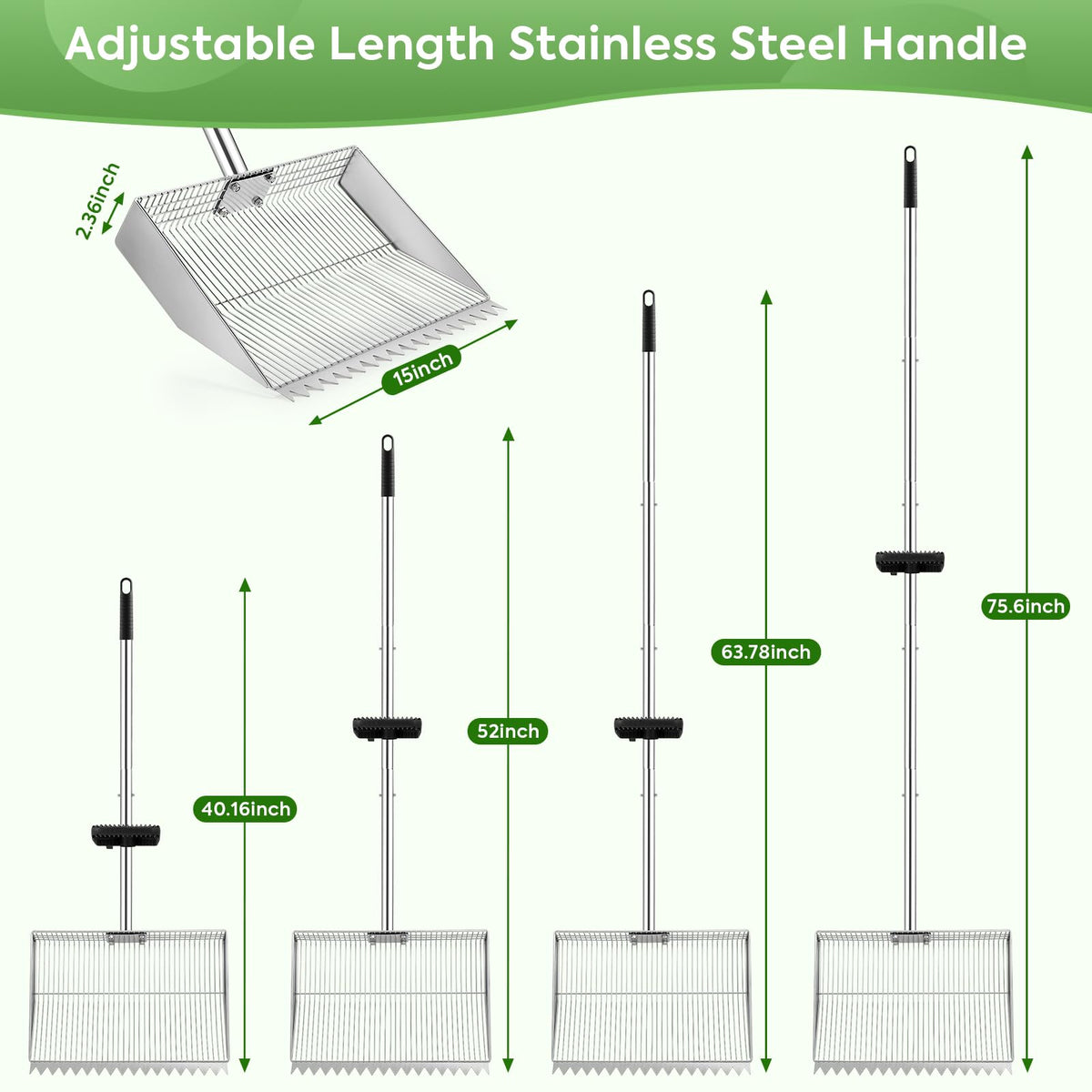 MarchingGreen adjustable handle from 40 to 75 inches for comfortable upright cleaning.