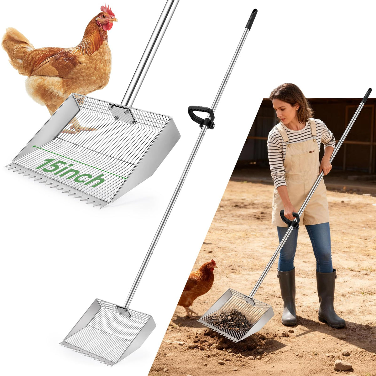 MarchingGreen chicken poop scooper rake with 15-inch head for quick coop cleaning.
