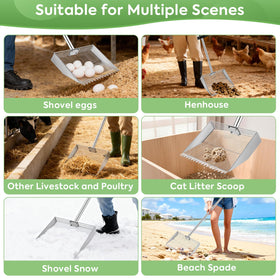 MarchingGreen coop cleanup scene shows the 2-in-1 tool in action for small poultry spaces.